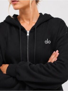 ALO Yoga Black Zip-Up Hoodie with White Logo